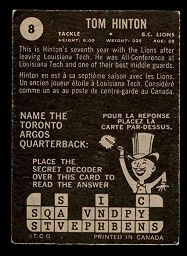 1964 Topps 8 Tom Hinton British Columbia Oroszlánok (Foci Kártya) VG Oroszlánok Louisiana Tech