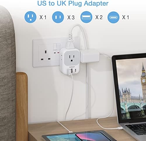 MINKET UK hálózati Adaptert, TESSAN Típus G Utazási Átalakító 3 USB Töltő(1 USB C Port), 4 Üzletek Adaptert az USA-Katar,