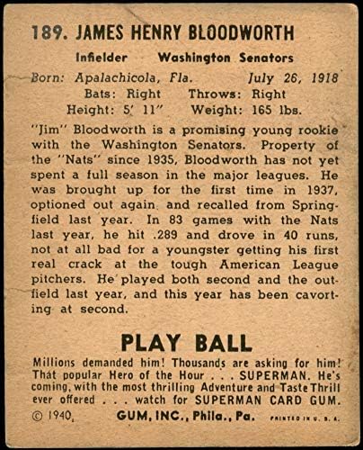 1940-ben Játszani Rendszeres Baseball card189 james bloodworth, a Washington Senators Jó Minőségű