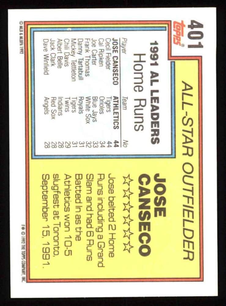 1992 Topps 401 All-Star Jose Canseco Oakland Athletics (Baseball Kártya) NM/MT Atlétika