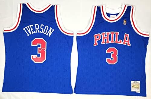 Allen Iverson Dedikált Philadelphia 76ers Mitchell & Ness-i Kék 1996-97 Swingman Jersey Beckett Tanúja - Dedikált NBA Mezek