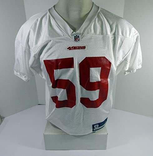 2009-ben a San Francisco 49ers 59 Játék Kiadott Fehér Gyakorlat Jersey L DP47117 - Aláíratlan NFL Játék Használt Mezek