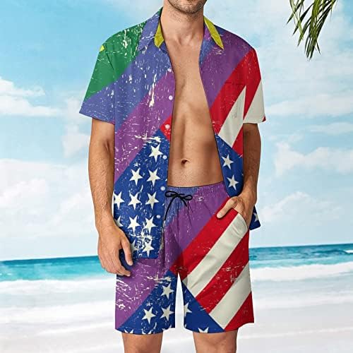 Szivárvány Meleg Büszkeség LMBT az Amerikai Zászlót a Férfiak 2DB Hawaii Set Gombot Lefelé Laza Fit Póló Pólók Beach Nadrág,