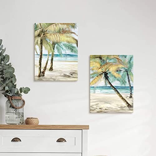 Trópusi Strand Vászon Festmény: a Modern 2 Db Seaside Palm Tree Wall Art Hullám Seascape Kép Pihentető Tengerparton Skyline