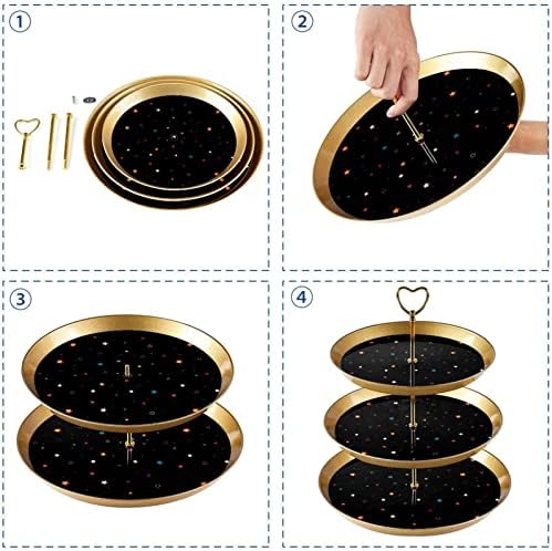 3 Tier Muffin Állvány Arany Rúd Műanyag Többszintű Desszert Torony Tálca, Színes Csillagok Fekete Háttér Minta Gyümölcs Édesség