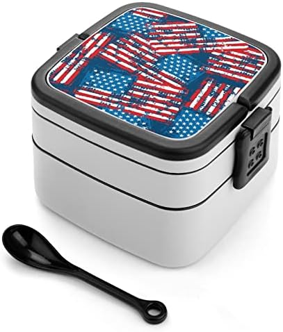 Szomorú Grunge Amerikai Zászló Bento Box Dupla Réteg All-in-One Rakható Ebéd Tartály Kanalat Piknik Munka, Utazás