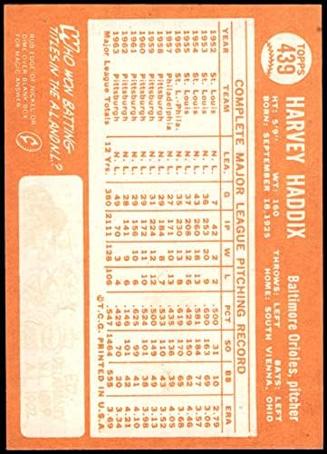 1964 Topps 439 Harvey Haddix Baltimore Orioles (Baseball Kártya) NM/MT Orioles