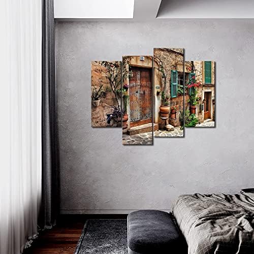 4 Panel Toszkána Wall Art Utcák, Régi Mediterrán Városokat, Virág, Ajtó ablak Festmények Nyomtatás, Vászon Építészet Képek
