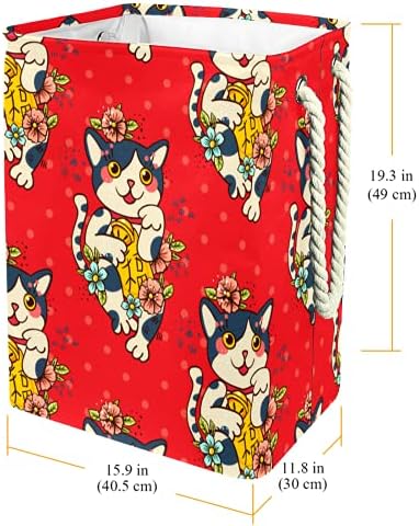 DEYYA Vízálló Szennyes Kosarat Magas, Erős Összecsukható Aranyos Japán Rajzfilm Szerencsés Neko Macskák Piros Virág Nyomtatás