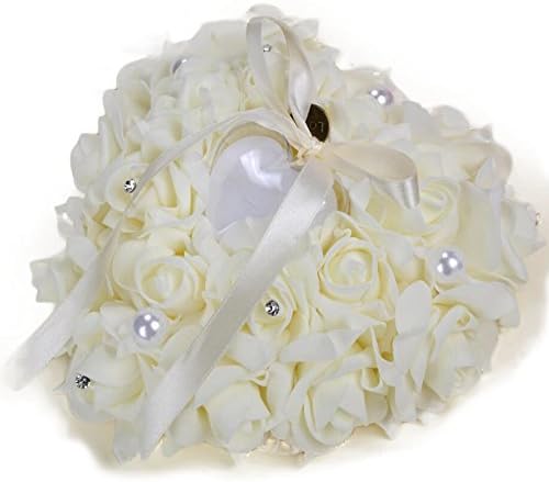 Dollbling Elegáns, Romantikus Rózsa Gyöngy Szív Dekoráció Esküvői Gyűrű Párna,Tejszín, 15×15 cm